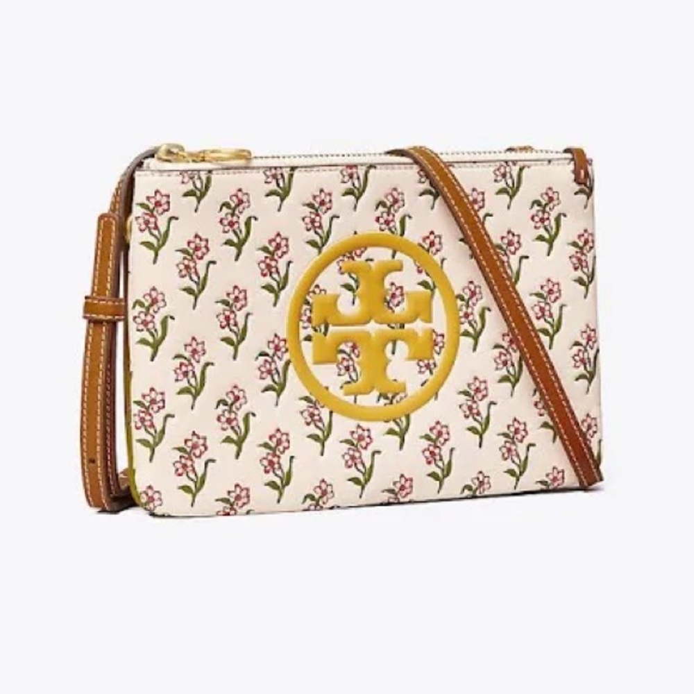 Tory Burch - Perry Bombe Printed Double Zip Cream Crossbody Bag w TB Dust Bag